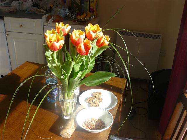 Moje tulipány na jídelním stole v kuchyni