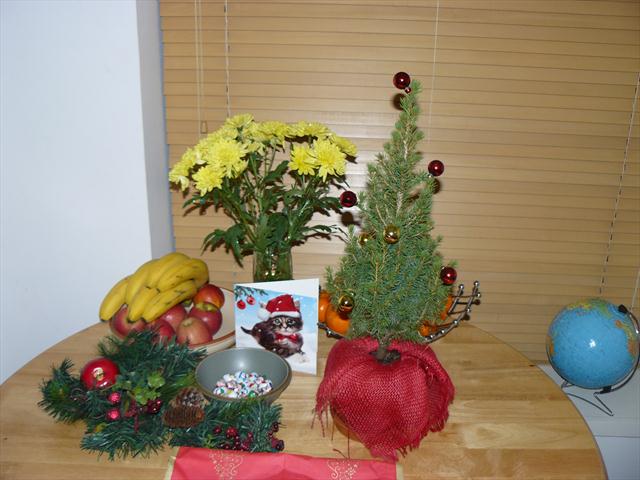 Vánoční zátiší -  stromek, kytička, ovoce a nezbytný glóbus